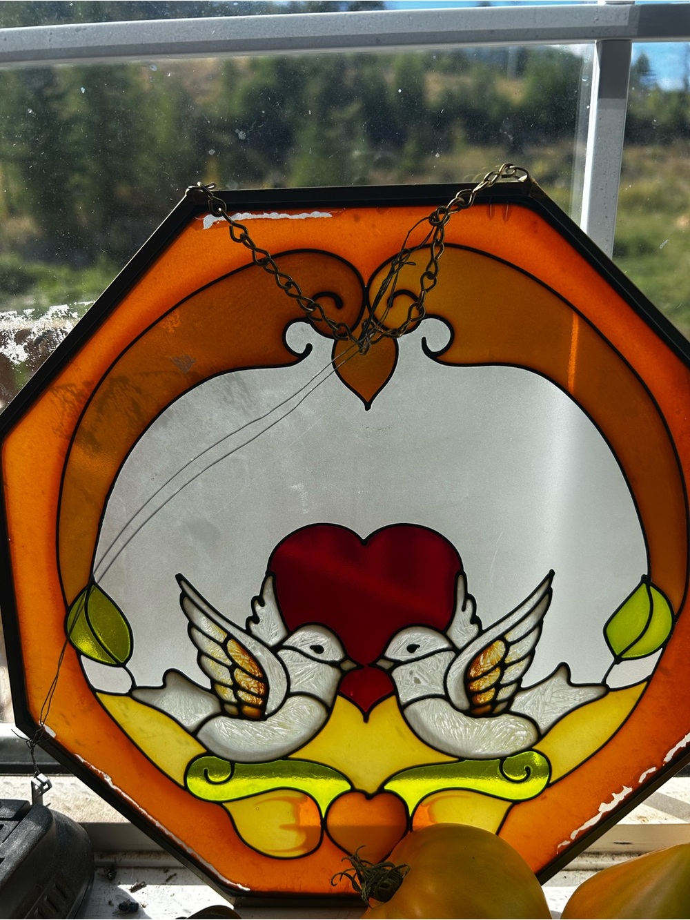 Stained Glass Dove Heart Panel - Orange and Red Home Art vintage 12”